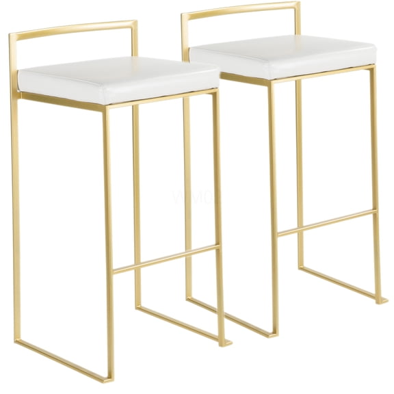 Set of 2 White Faux Leather Bar Stools, Stackable Gold Frame Counter Height Chairs for Kitchen Island