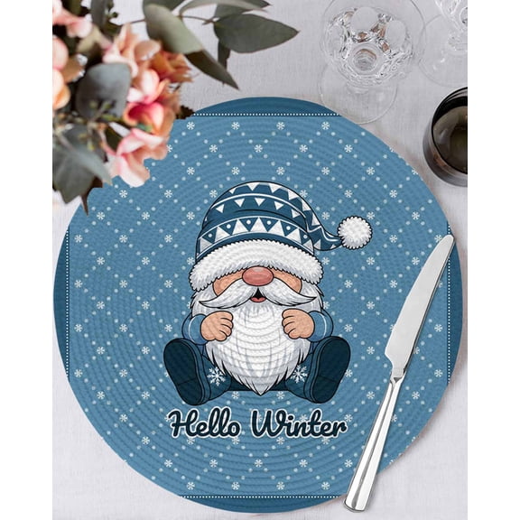 13 Inch Round Placemats Set of 4, Christmas Gnomes Non Slip Heat Insulation PP Table Mats, Winter Xmas Snowflakes Textured Blue Washable Place Mats for Kitchen Dining Party Table Decor