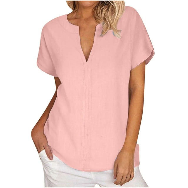 Timegard Tops for Women Cotton Linen Short Sleeve V-Neck Solid Color Casual Loose Top Blouse Basic Tee