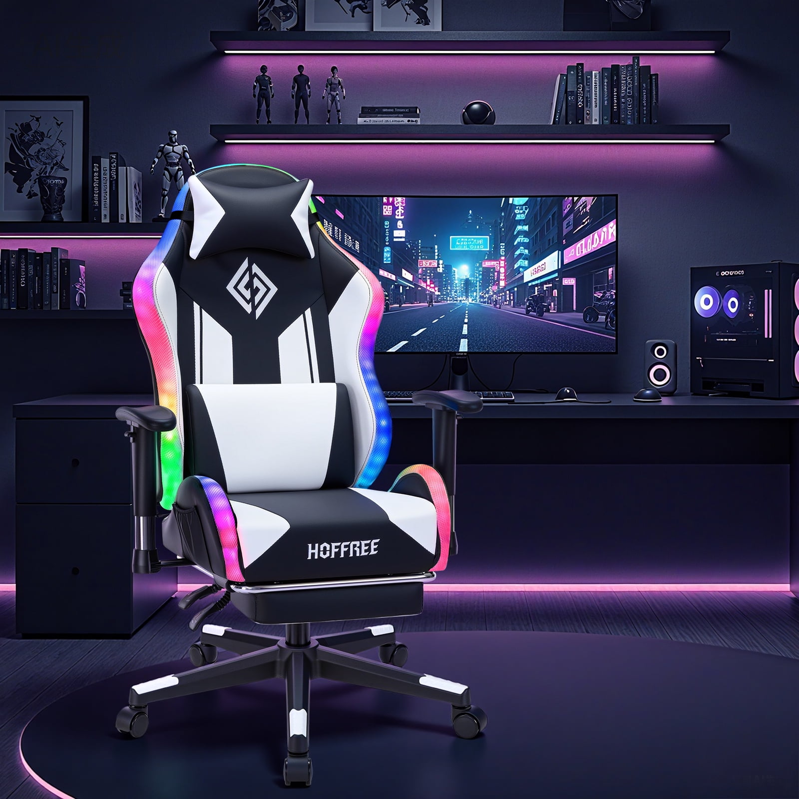 Hoffree LED Gaming Chair for Kids 8-14 Gaming Chairs for Teens with Adjustable Headrest and Lumbar Support Ergonomic PU Leather Kids Gaming Chair with Led Lights