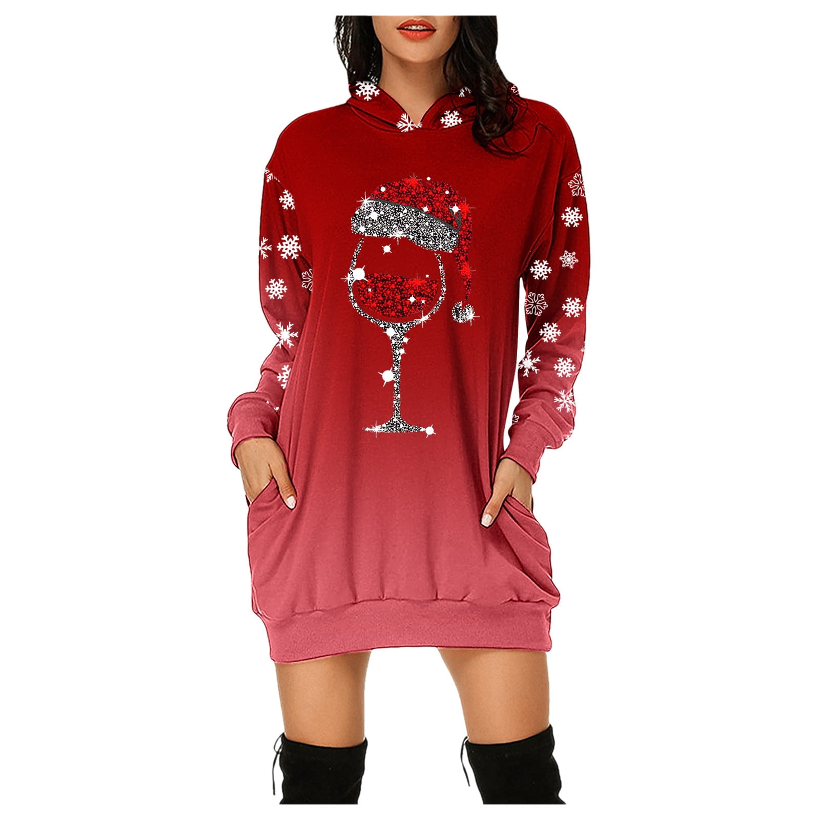Chandail de Noël pour Femmes Imprimé de Vacances chandail Mi-Long Fermeture Veste à Capuche Mode Cardigan Chaud Col Rond Manches Longues Chandail de Noël