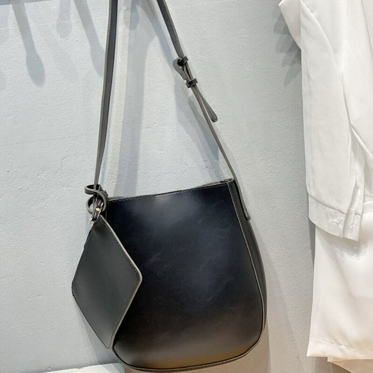 Brown Genuine Leather Top Handle Minimalist Bucket Bag with Wide Strap