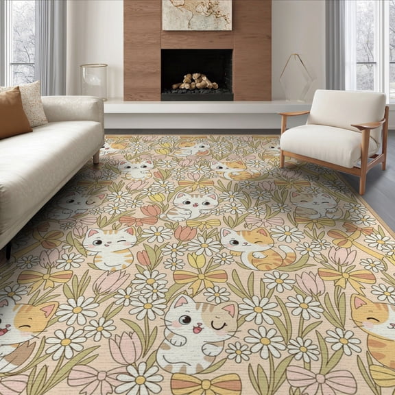 ODIKA 8'x10' Washable Area Rug Non-Slip Chair-Friendly Mat Cute Cartoon Kittens Ribbon Bows Blooming Flower Border Boho Flowing Dynamic for Dining Room, Large Office, Lounge
