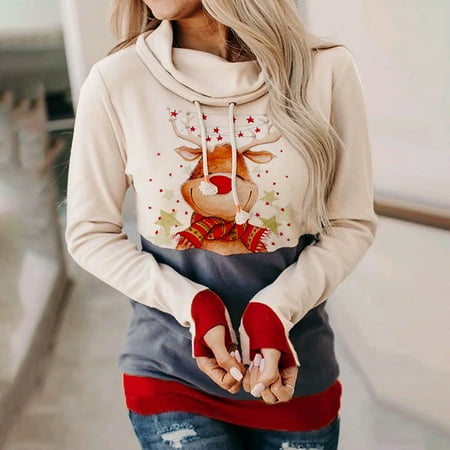 

jsaierl Oversized Sweatshirt for Women Cowl Neck Drawstring Pullover Long Sleeve Cartoon Printed Christmas Going Out Tops for Women Loose Tunic Hoodies Sweatshirt for Date Night