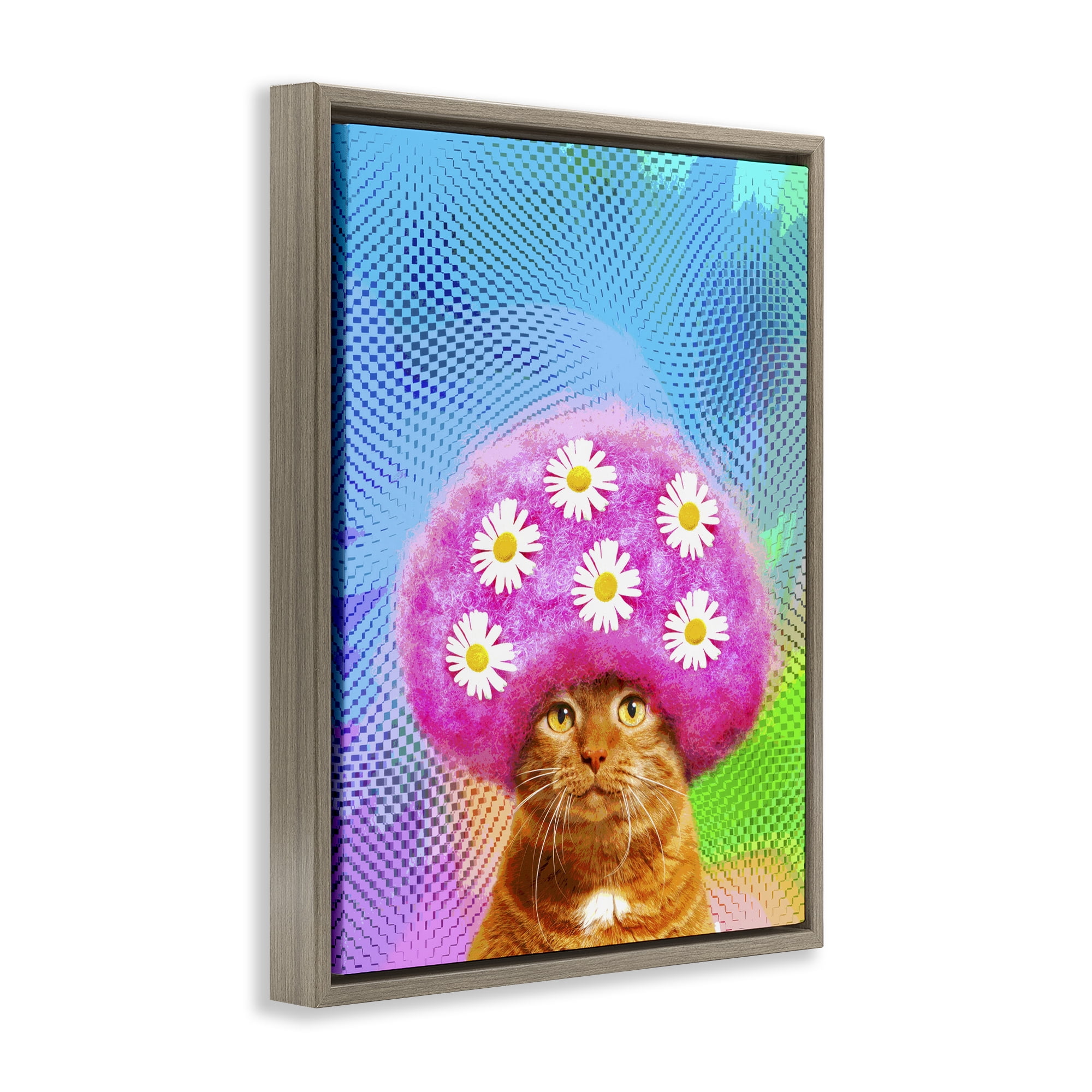 Stupell Industries Groovy Daisy Wig Cat Novelty & Humor Painting Brown Floater Framed Canvas Art Print Wall Art, 17 x 21