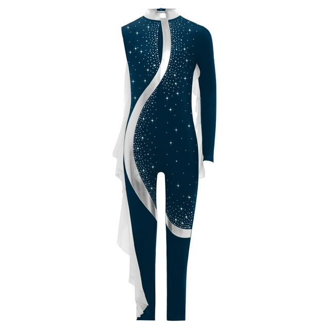 Aislor Girls Gymnastics Unitard Costume Rhinestone Metallic Patchwork Long Sleeve Jumpsuit for Ballet Dance 6-16 Years Navy Blue 14