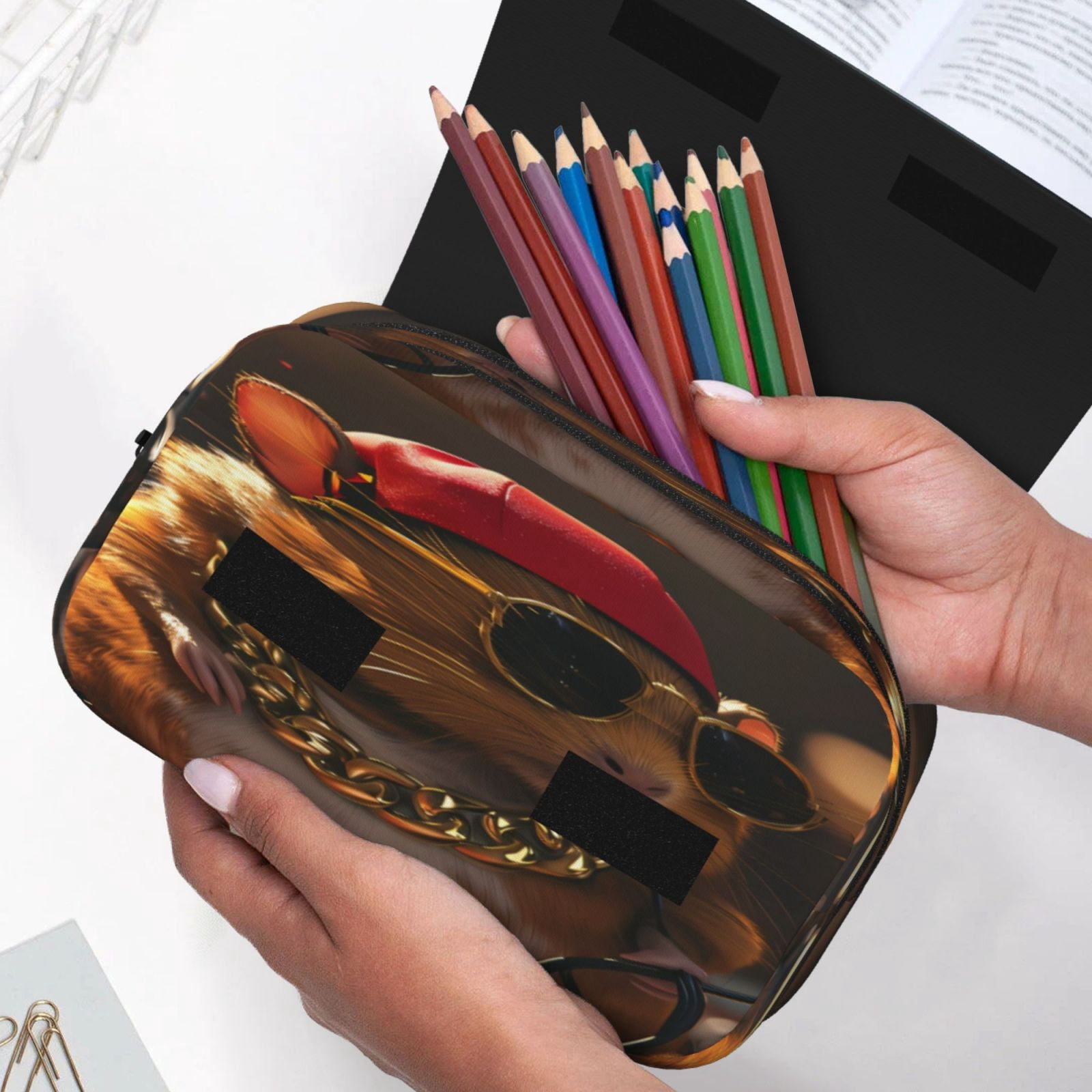 Rateoe Hip-Hop Guinea Pig. Pattern Double Clamshell Pen Case, Storage Organizer with Two Zipper Compartments– Holds Up to 50 Pencils & Pens