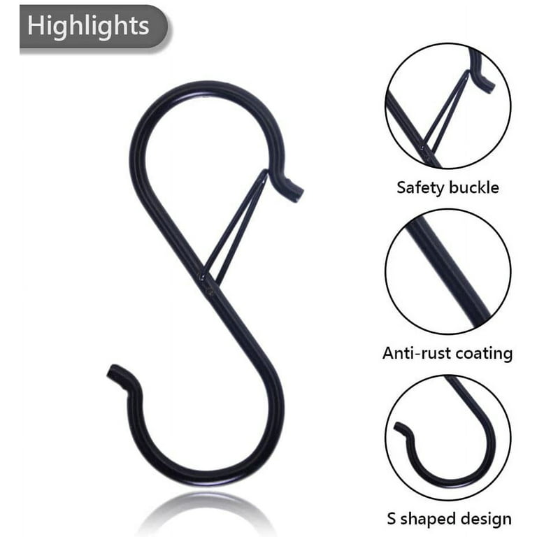 S Hooks for Hanging - S Shaped Hooks for Kitchen Utensil and Closet Rod -  Black S Hooks for Hanging Plants, Pots and Pans, Bags - Heavy Duty  Rustproof Safety Buckle Design 