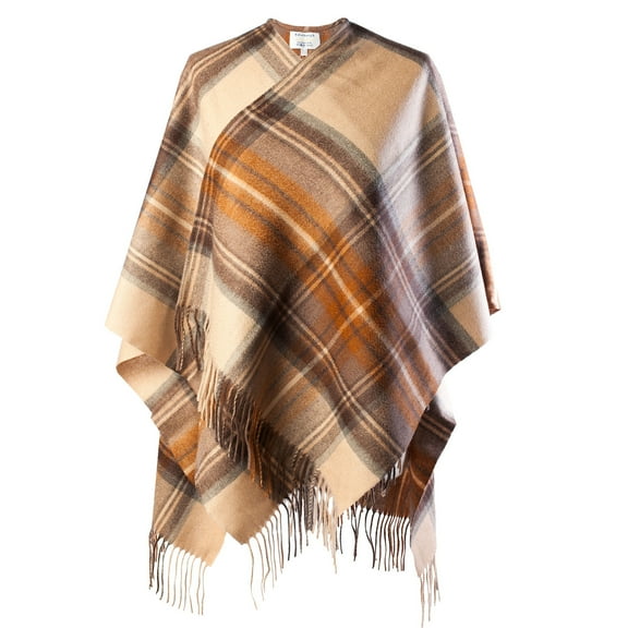 Lambswool Cape Wrap, Stewart Muted Blue Plaid Pattern, Mini Length with Fringe