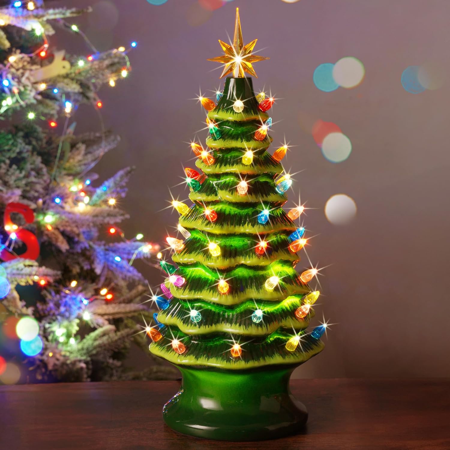 Nordic Hygge 2024 Newest 16.5" Hand Painted Resin Christmas Tree with Lights, Pre-lit Xmas Tree Decor Lighted Tabletop Decoration with Multicolored LED Bulbs, Green