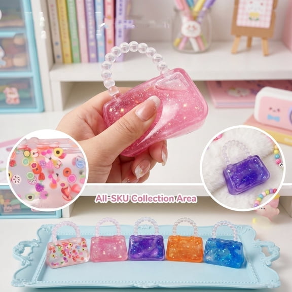 Squishy Toys Mini Handbag Fidget Squishy – Blue Glitter Pearl Handle Squeezy Squishy, Soft Squeeze Stress Ball for Stress Relief, Cute Desk Decor & Party Favors for Kids Adults