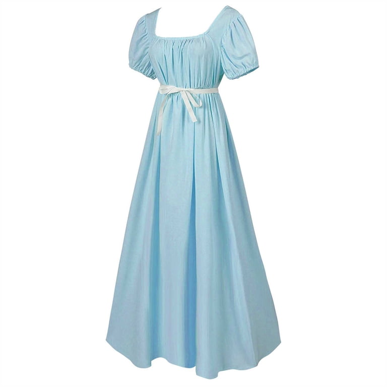 yoeyez Vintage Regency Dresses for Women with Satin Sash Short Puff Sleeve Empire  Waist Dress Ruffled Victorian Tea Ball Gown Costume Blue,M - Walmart.com