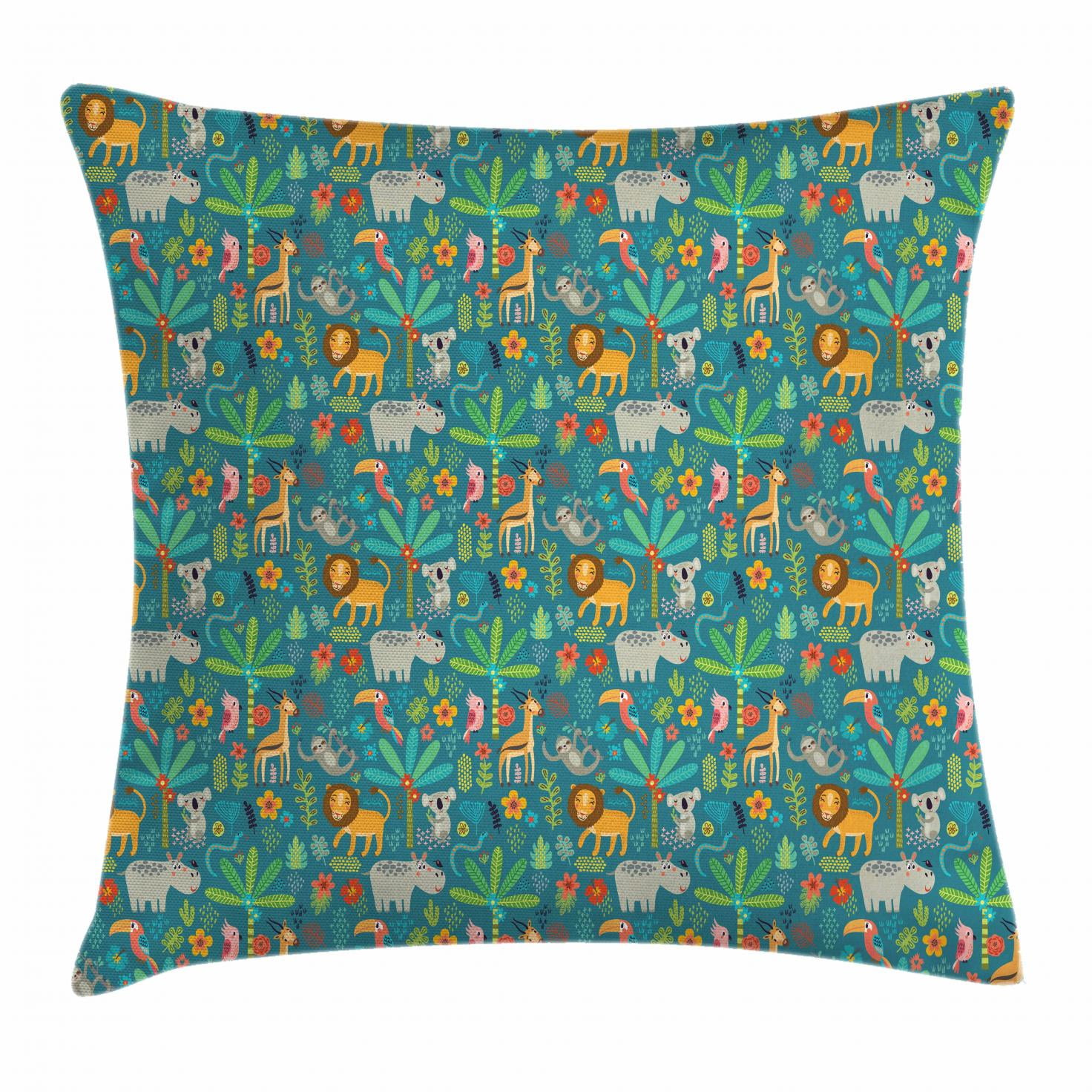 Jungle Throw Pillow Cushion Cover, African Animals Hippo Parrot Koala
