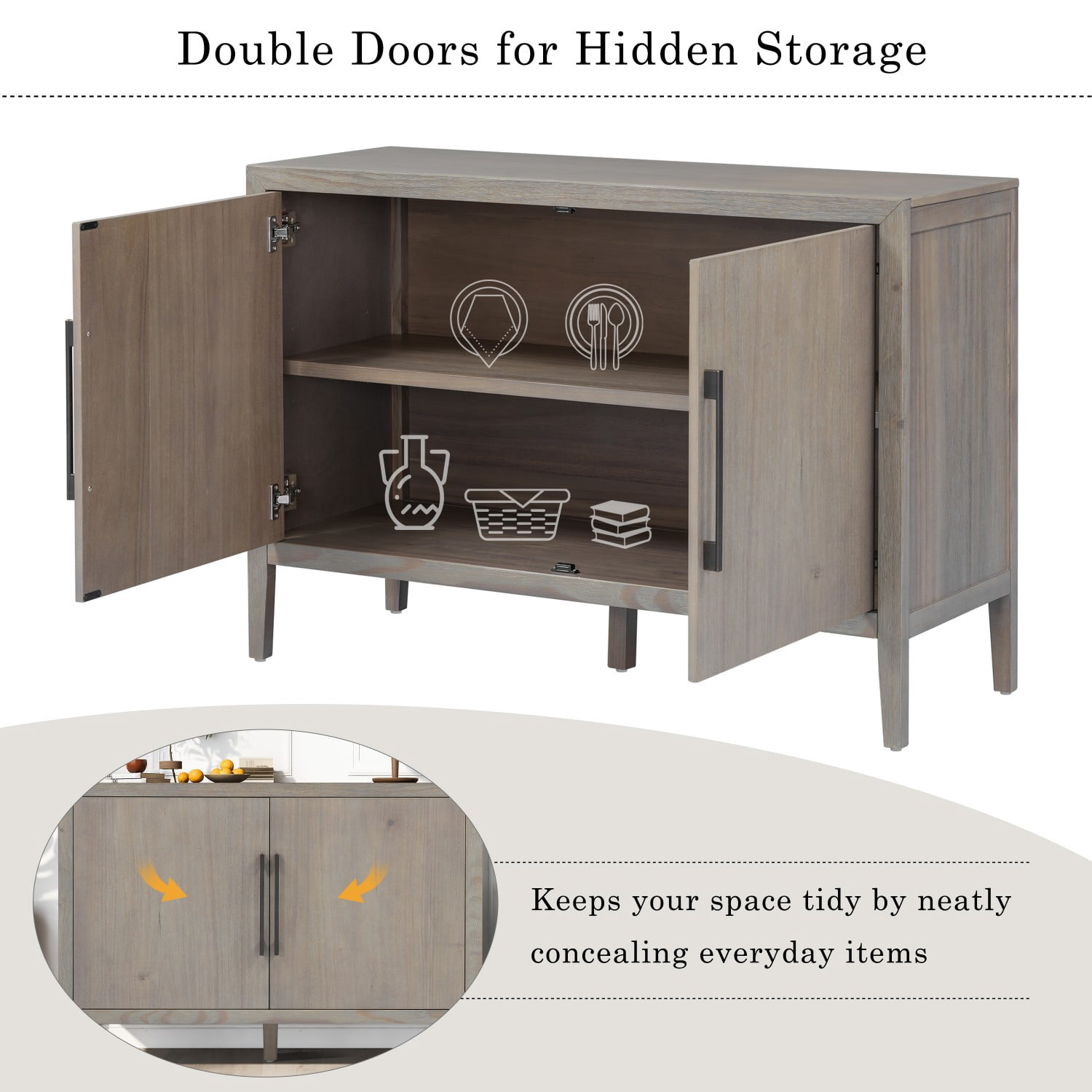 47.25" Farmhouse Sideboard Buffet Cabinet with Storage, 2 Door Wooden Coffee Bar Cabinet with Pine Veneer and Metal Handles for Kitchen, Living Room, Entryway, Gray