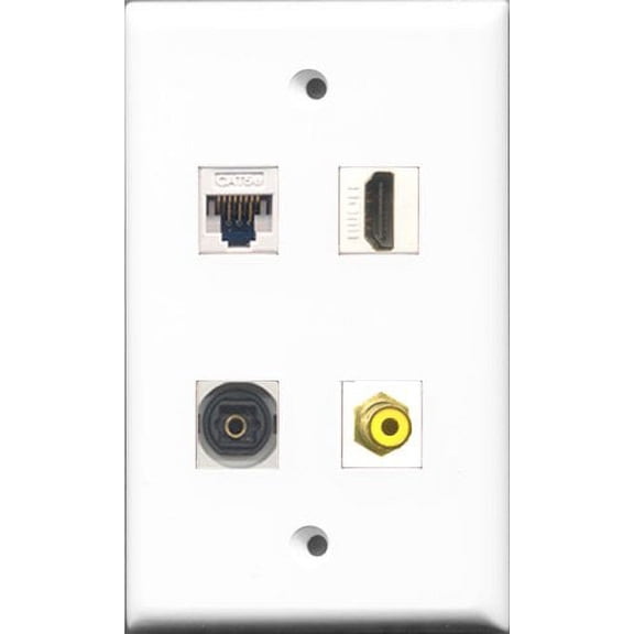 RiteAV 1 Port HDMI and 1 Port RCA Yellow and 1 Port Toslink and 1 Port Cat5e Ethernet White Wall Plate