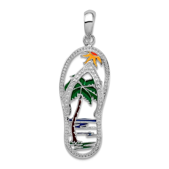 10.87mm 925 Sterling Silver Rhodium Plated Enameled Palm Tree Flip Flop Pendant Necklace Pendant for Women
