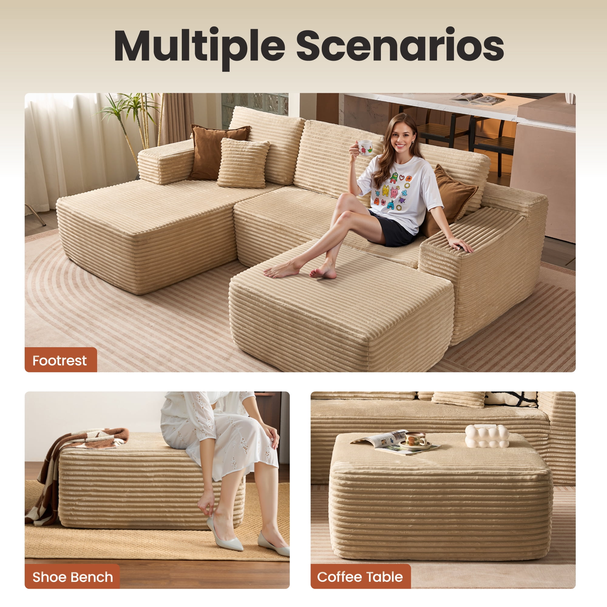 Ovios Oversized Ottoman Footrest for Sofa Large Plush Corduroy Pouf Ottoman Coffee Table Rectangle Floor Bench Extra Seating for Living Room, No Assembly, Beige