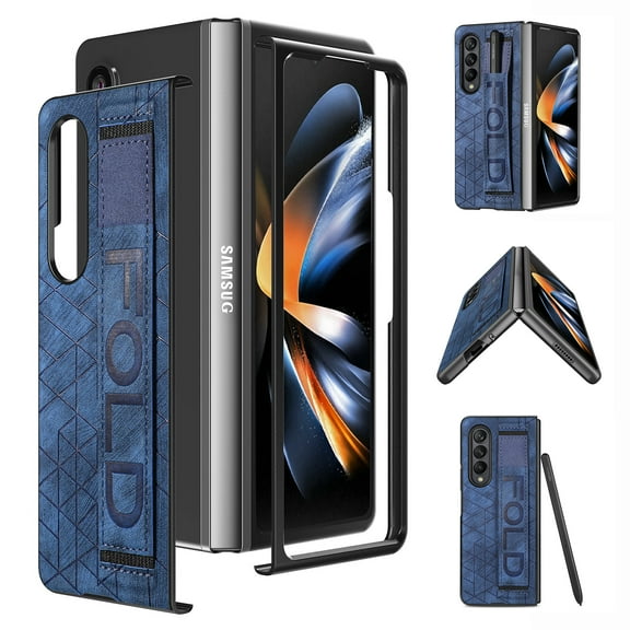 Feishell PU Leather Case for Samsung Galaxy Z Fold 4, Slim Lightweight Rugged Shockproof Folio Case with Pen Holder Wristband Strap Anti-Fingerprint Glossy Non-Slip Phone Cover,Blue