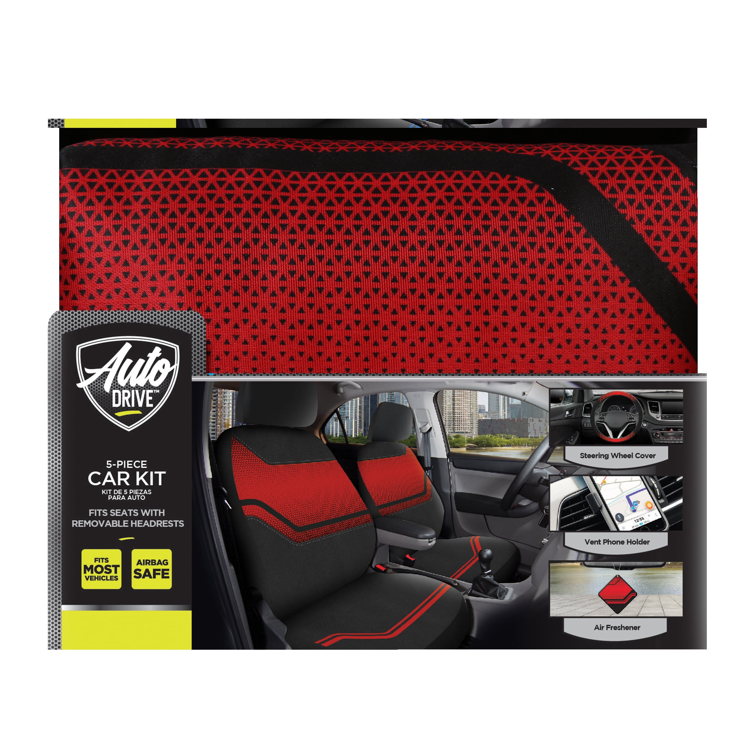 Auto Drive Black-Red Sporty 5-Piece Cloth Seat Covers and Car Kit