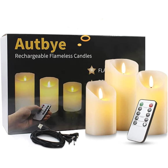 Velas LED Autbye Blancas Recargables con Brillo Ajustable y Control Remoto, Paquete de 3 Unidades