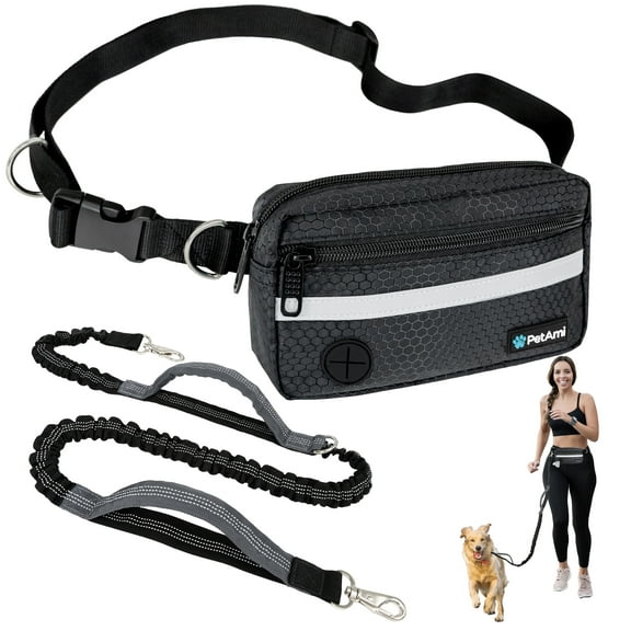PetAmi Hands Free Dog Leash, Dog Running Leash Belt for Walking Jogging, Dog Waist Zipper Pouch Fanny Pack with Poop Bag Dispenser, Dual Padded Handle Bungee Leash for Small Medium Large Dogs, Single