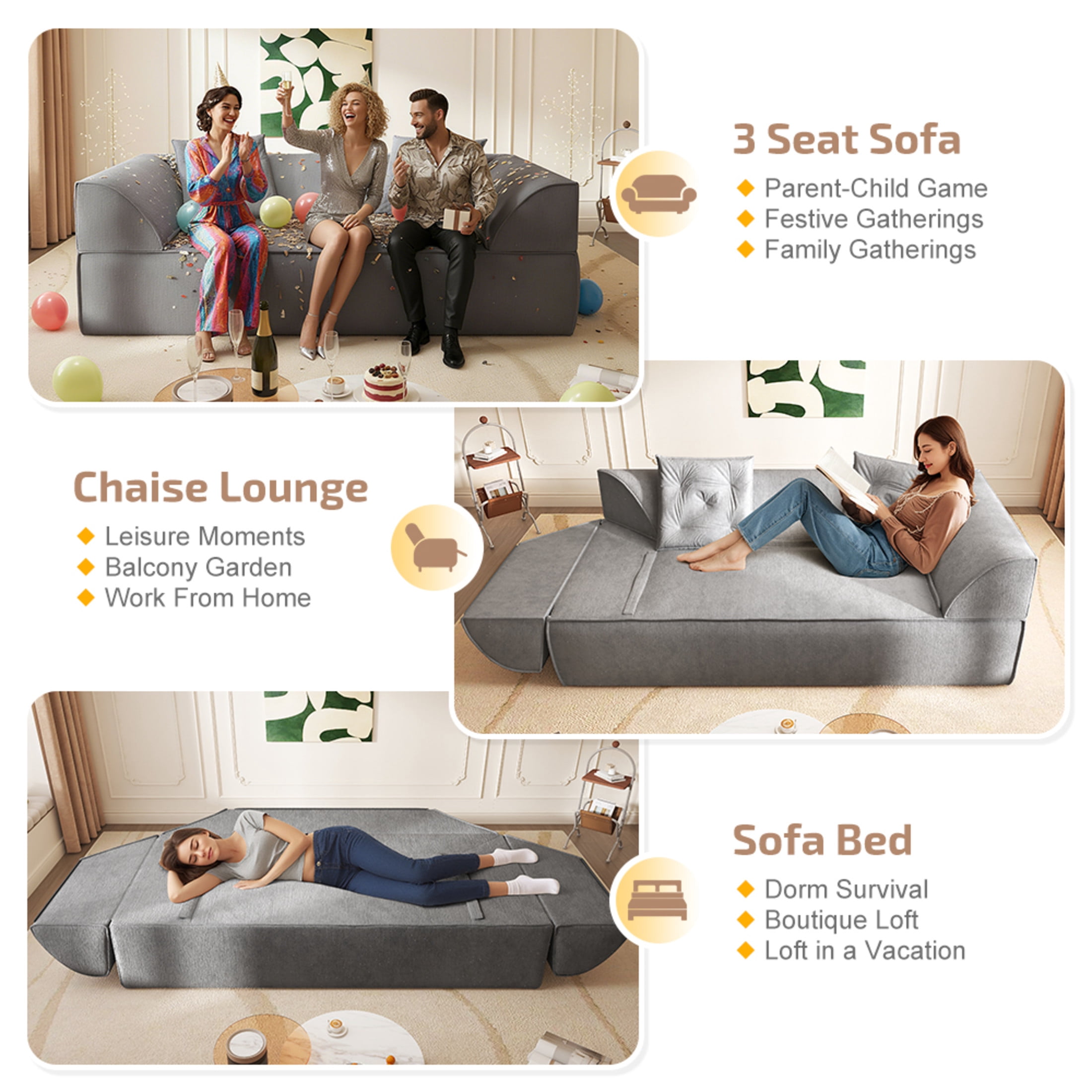 Noble House 80" 3-in-1 Convertible Sofa Bed, Sparkling Chenille Deep Seat Couch with Pillows, for Living Room, Gray