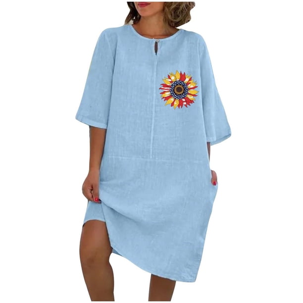 Vestido de Verano para Mujeres Color Sólido Imitación de Lino Cuello Redondo, Manga Corta Estilo Casual para el Uso Diario, Fiesta Y Primavera