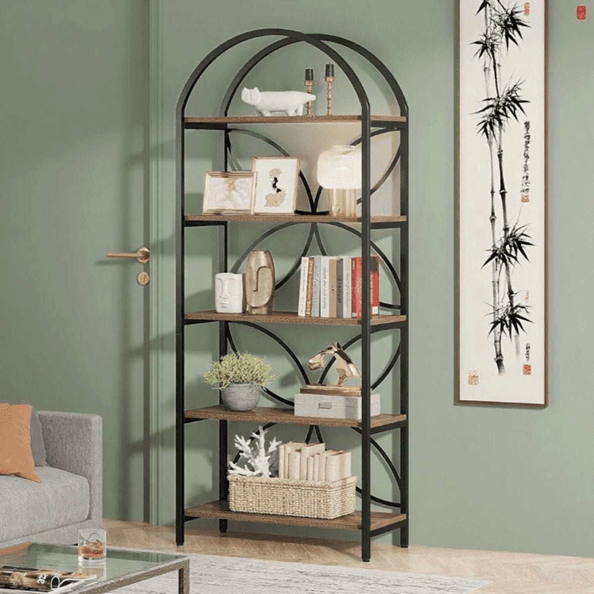 5-Tier Rustic Industrial Narrow Bookshelf - Metal Frame & MDF, Compact Open Storage for Living Room/Office/Farmhouse