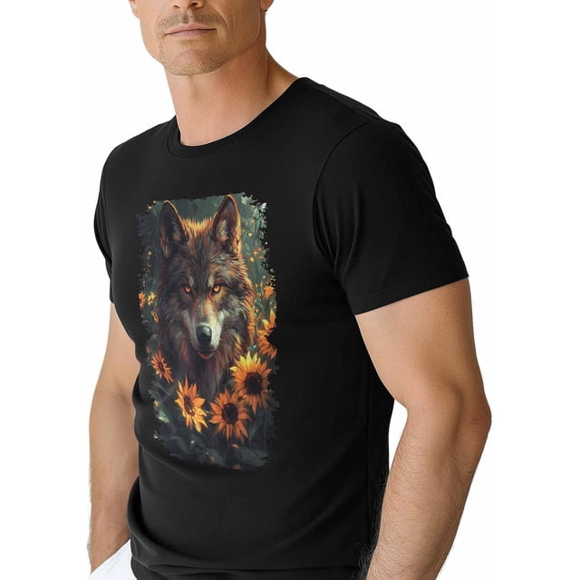 Camisetas para hombre, camiseta de algodón con cuello redondo, diseño de lobo y girasol, manga corta, pintura al óleo.