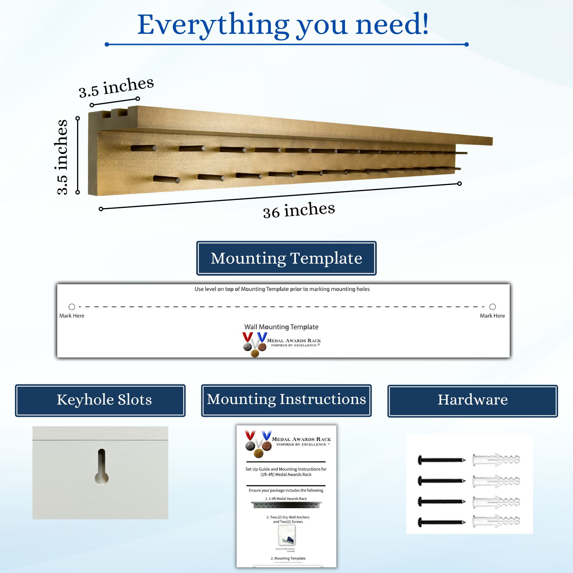 Medal Awards Rack Trophy Shelf and Award Display Rack (36" Walnut) Medal Hanger with Shelf