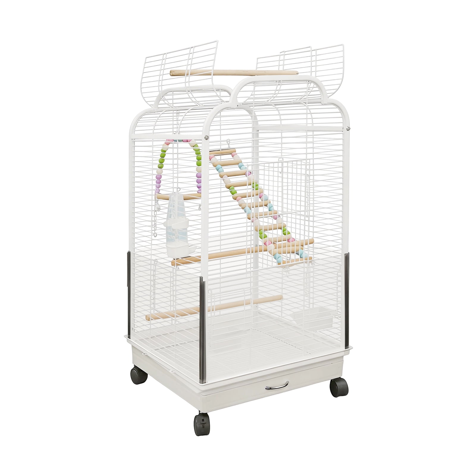 Rolling Metal Bird Cage with Dual Opening Roof and Slide Out Removable Tray, Mobile Pet Bird House for Parakeets Cockatiels Small Parrots