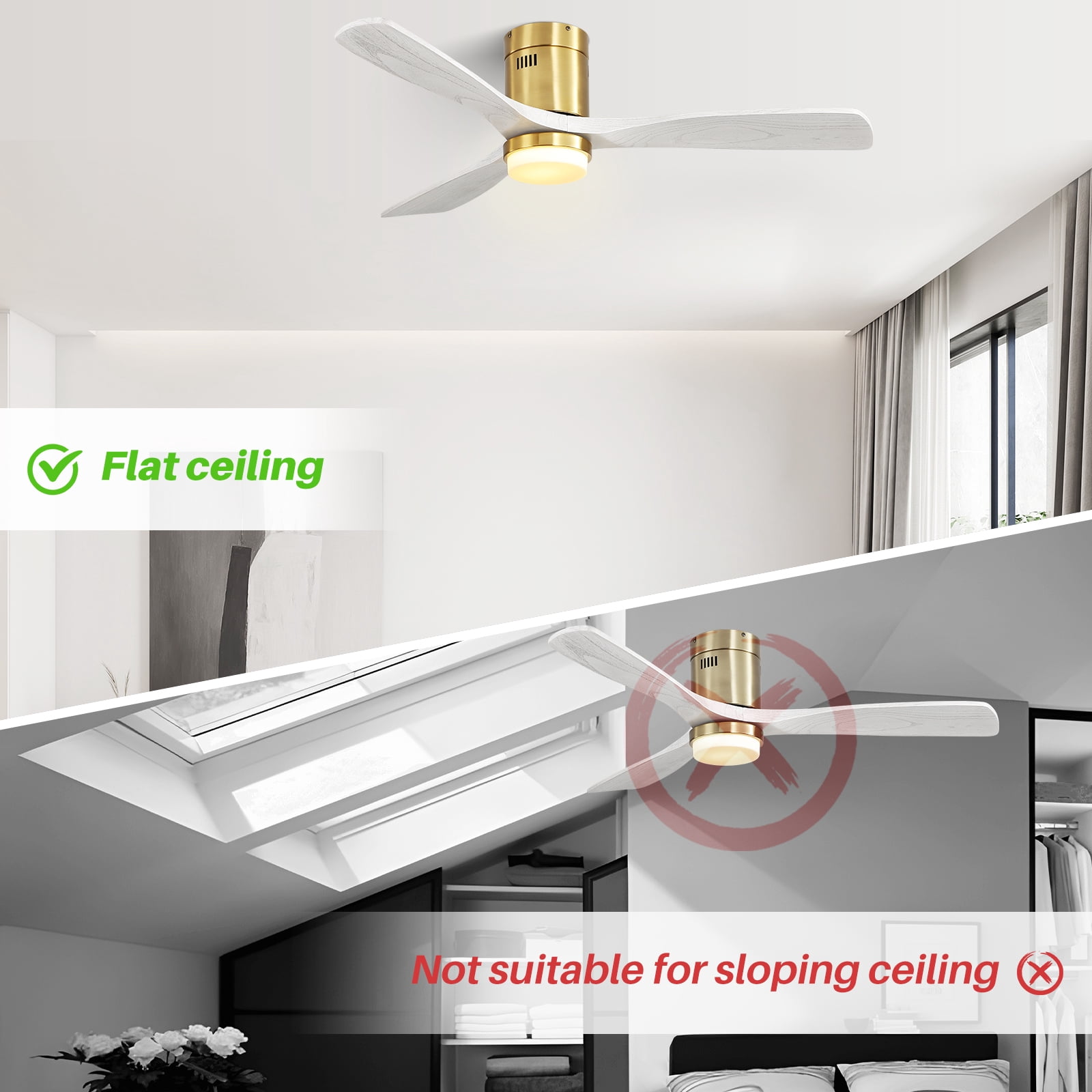 Sofucor 52" Low Profile Ceiling Fan Flush Mount with Light and Remote Control, 3 Washed White Blades