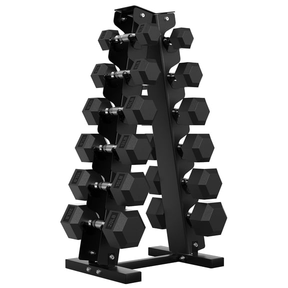 HANDBODE 140 lb Dumbbell Set Rubber Encased Hex Dumbbell Free Weights Dumbbells Home Weight Set with 6-Tier A-Frame Dumbbells Rack