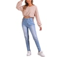 thumbnail image 2 of INSPIRE CHIC Drawstring Hem Shirt for Women's Waffle Knit Casual Long Sleeve V Neck Tops Pink XL, 2 of 5