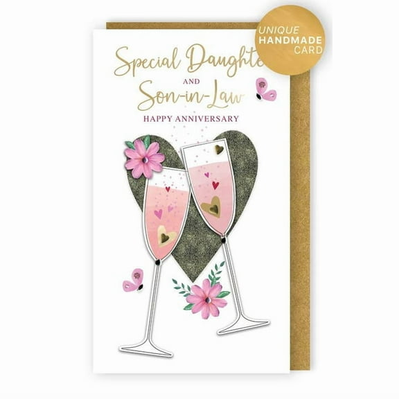 Handmade "Champagne" Greeting Card Anniversary Daughter & Son in Law - Pink Champagne on Heart