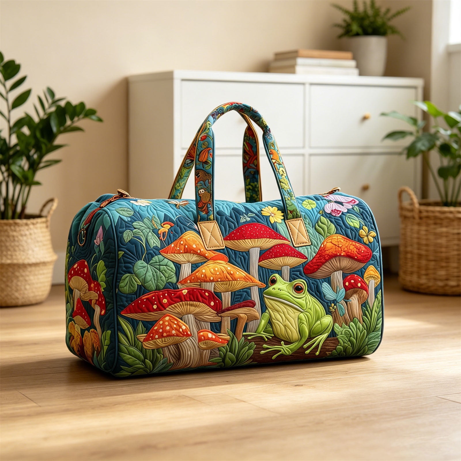 Clearance Hotyverty Hippie Journey Quilted Duffle Bag, Mushroom Frog Quilted Print Duffel Bag for Camping Trailer Travel Tote Men Women Overnight Weekender Vintage Bag
