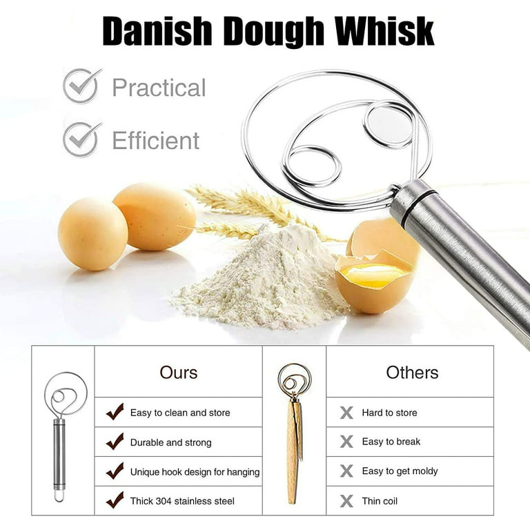  Pack of 2 Danish Dough Whisk Blender Dutch Bread Whisk Hook  Wooden Hand Mixer Sourdough Baking Tools for Cake Bread Pizza Pastry  Biscuits Tool Stainless Steel Ring 13.5 inches 0.22 lb/pcs…