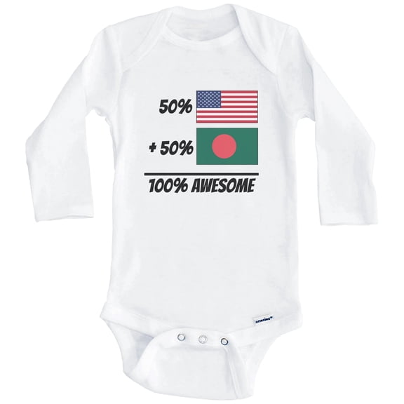 50% American Plus 50% Bangladeshi Equals 100% Awesome Cute Bangladesh Flag One Piece Baby Bodysuit (Long Sleeve), 0-3 Months White