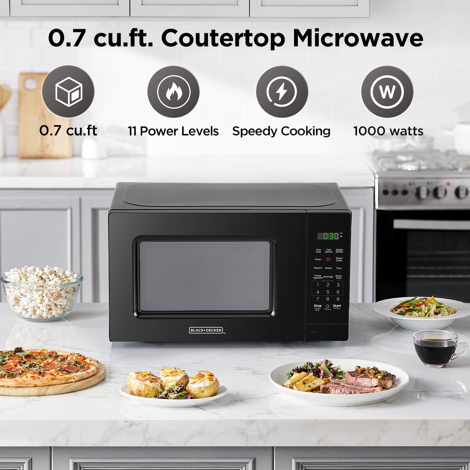 BLACK+DECKER 0.7 Cu Ft LED Digital Microwave Oven in Black with Child Safety Lock