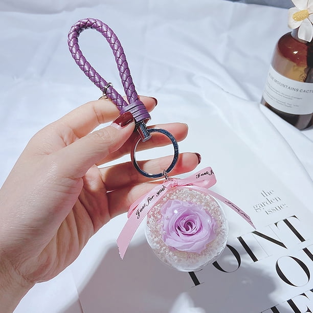 Llaveros para mujer, llavero de billetera, llavero de auto, lindo llavero de flor eterna, llavero de rosa, llavero de cuero para colgar en el auto, llavero de anillo, llavero de cuero