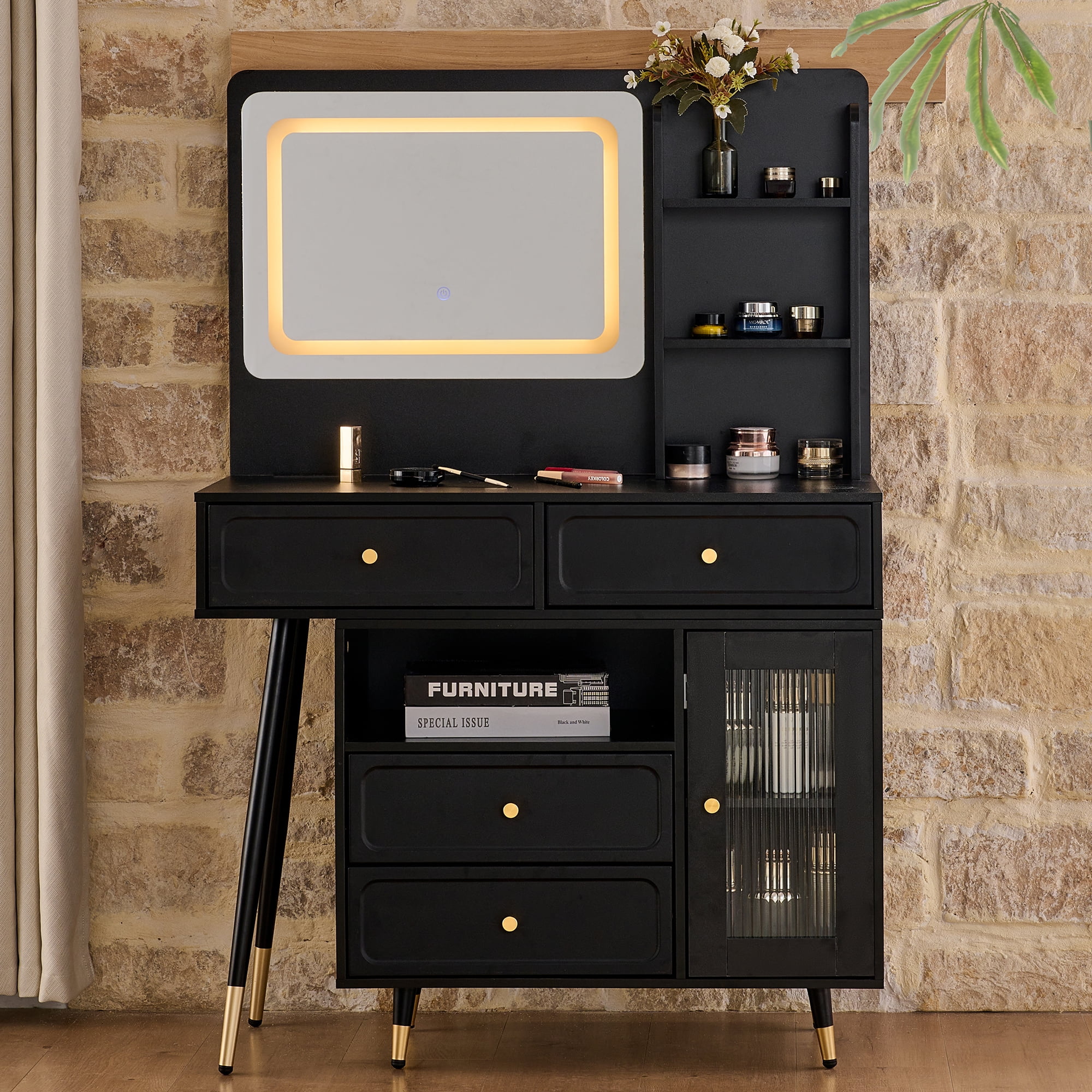 Jopath Makeup Vanity Desk with Mirror and Lights,Dressing Table with Drawers and Cabinet,Retractable Makeup Table Set for Bedroom,Black