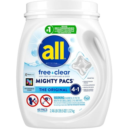 Mighty Pacs Laundry Detergent, Free Clear for Sensitive Skin, Tub, 60 Count