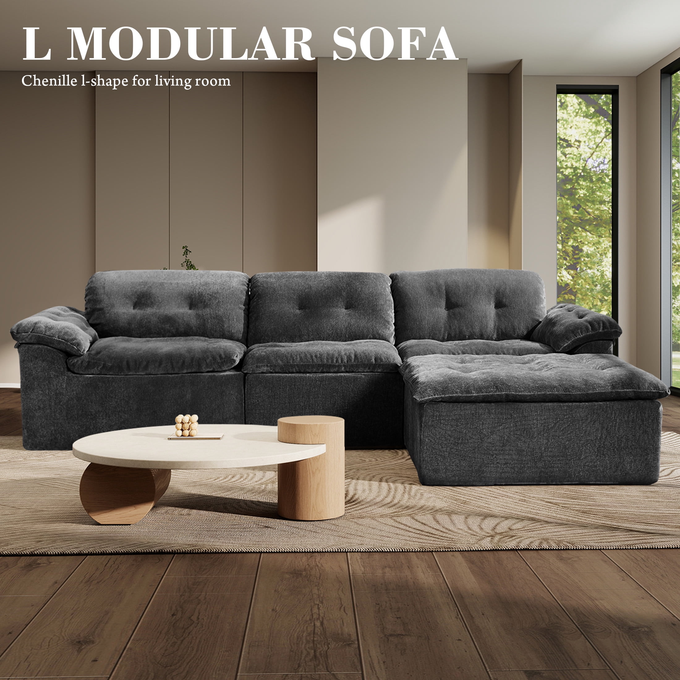 Aukfa 4-Piece L-Shaped Modular Sectional Sofa with Ottoman for Living Room, Ice Flower Chenille, Gray