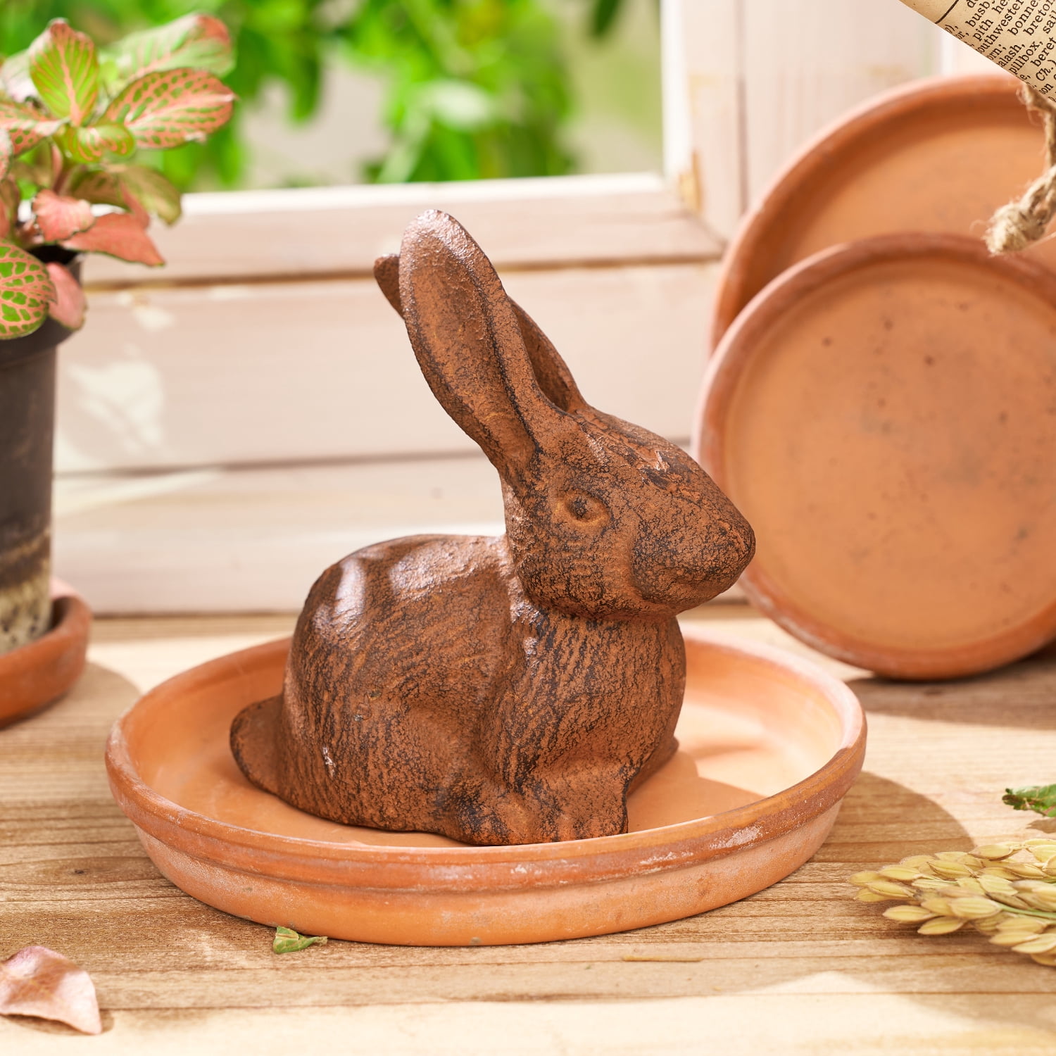 Sungmor Cast Iron Rabbit Statue,Rustic Rust Heavy Duty Animal Collection Sculpture, Paperweight, Doorstop, Adorable Garden Figurine - Long-Eared Rabbit Statue