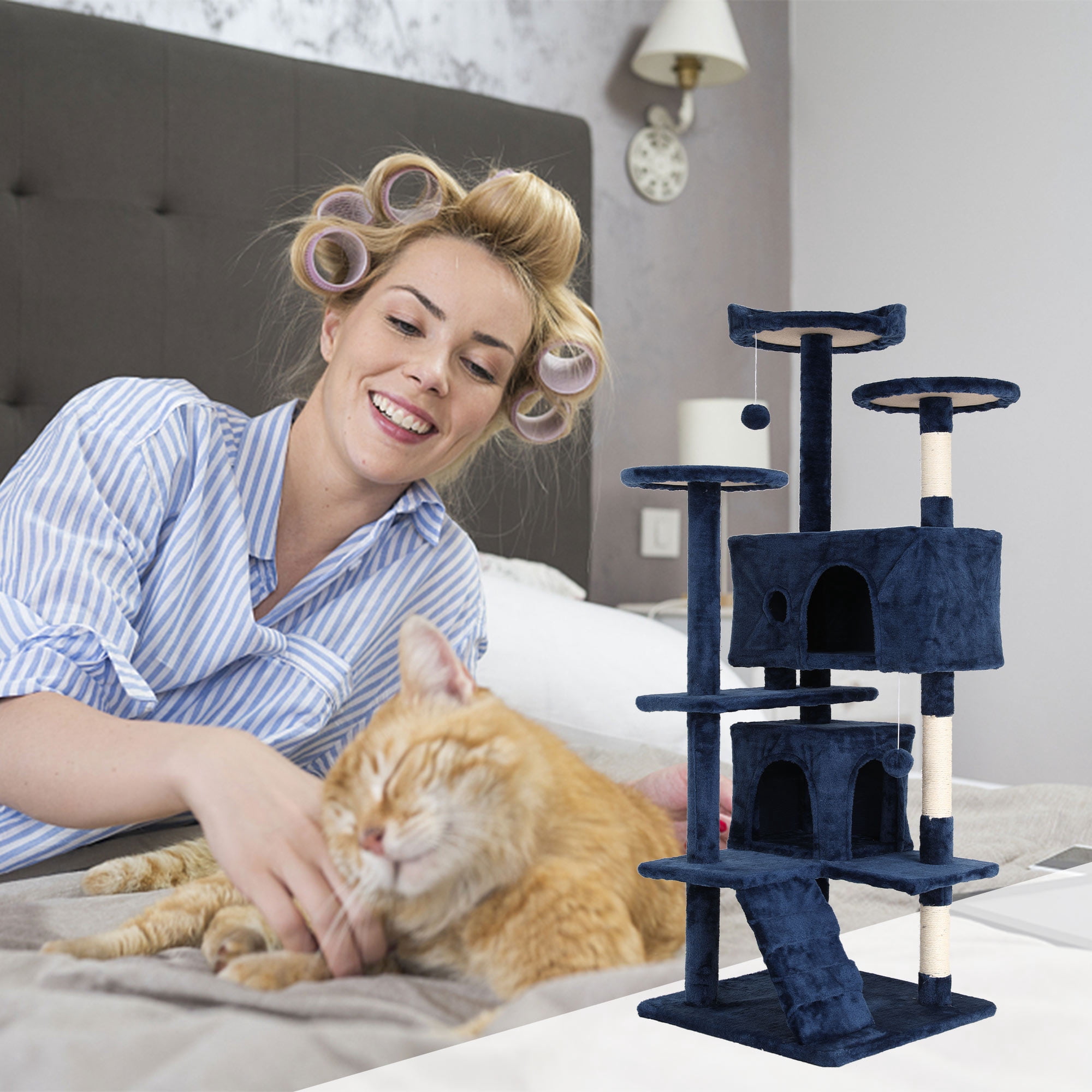 CL.HPAHKL 54In Cat Tree Tower for Large Cats, Cat Climbing Tower Cat Scratching Tree with Cat Scratching Stand, Big Cat Tree House Funny Toys for Kittens Pet(Navy Blue)