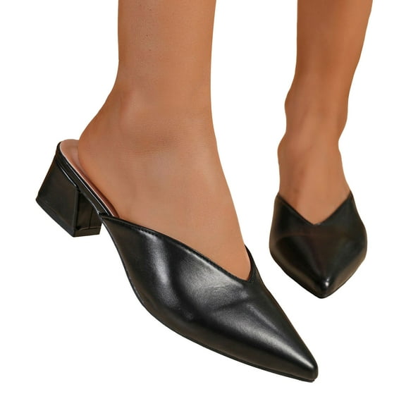 Mules Dress Shoes for Women Ladies Fashion Leather Pointed Toe Chunky Mid Heels Backless Oxford Pumps Sandals