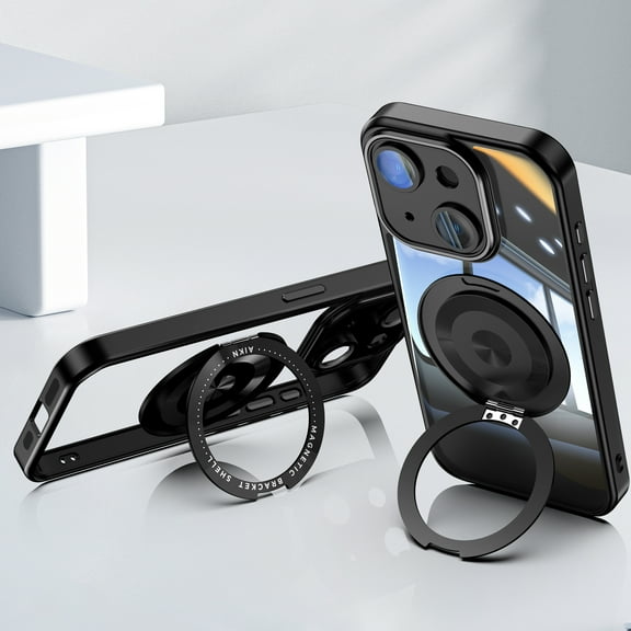 Allytechgroup iPhone 14 Case with Tempered Glass Lens Protector, Ring Holder Kickstand Shockproof Drop Protection Scratch Resistant Anti-Yellow Clear Back Case Cover for Apple iPhone 14, Black