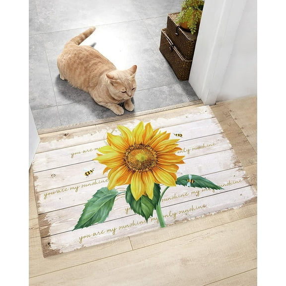 Vintage Farm Sunflowers Bathroom Shag Mat Non-Slip Absorbent Shaggy Bath Rug Mats, Bedroom Soft Plush Floor Carpet Rugs for Indoor Entrance Way Retro Floral on Wood Plank