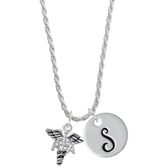 Delight Jewelry Silvertone Caduceus - PTA Silvertone Script Initial Disc - S - Charm Necklace, 20"+3"