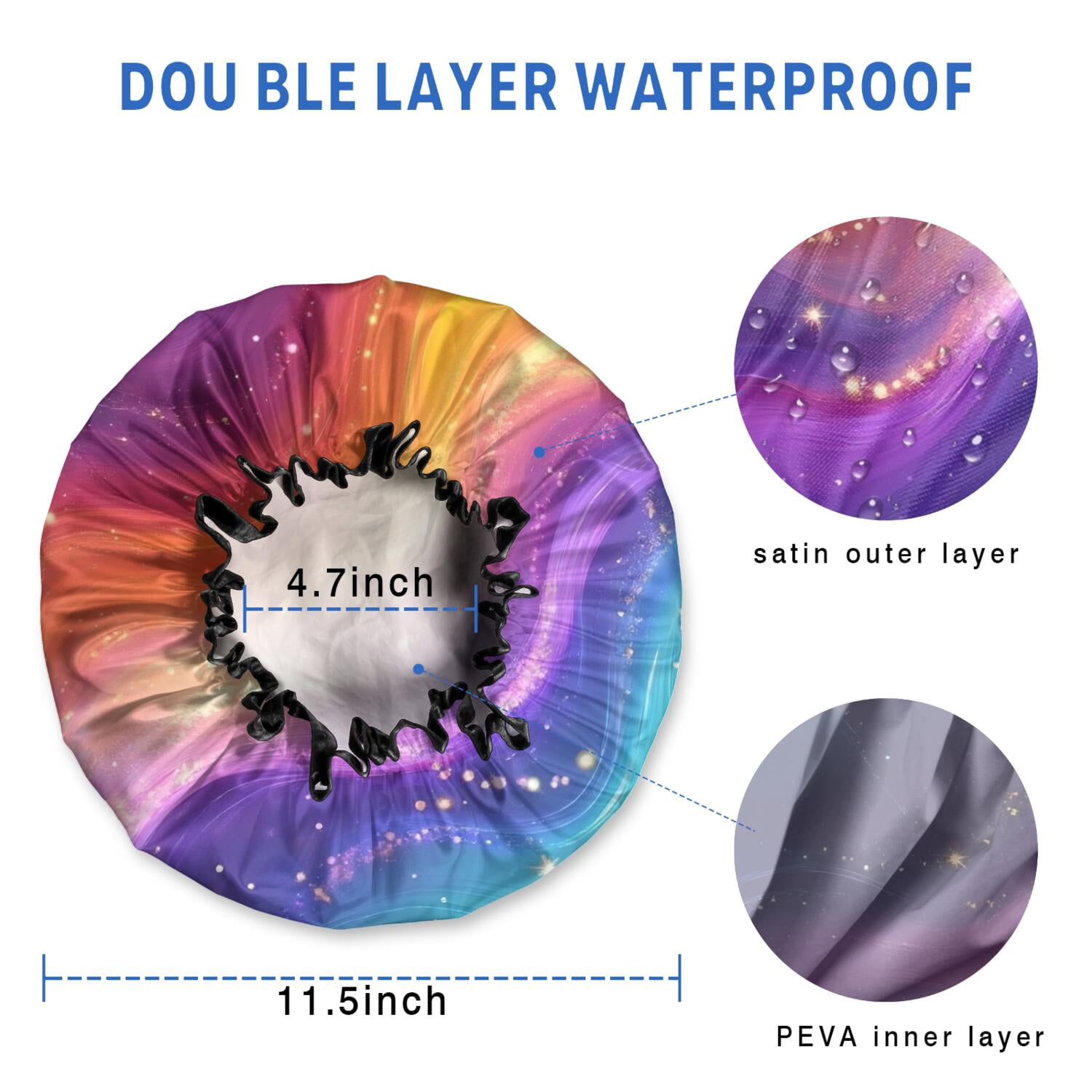 Shower Caps,Rainbow Tie Dye Wave Pattern Waterproof Shower Cap for Women 4 Pieces,Double Reusable Hair Cover for Shower PEVA Elastic Stretch Hem